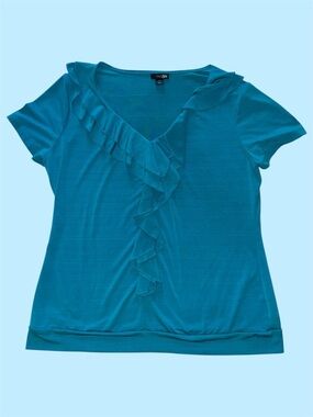 East 5th Teal Ruffle‎ Trim Short Sleeve V Neck Blouse